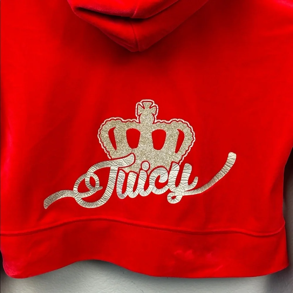 Juicy Couture SET Red Velour Zip Up Jacket Flare Pants Glittering Crown S Y2K - Picture 9 of 13